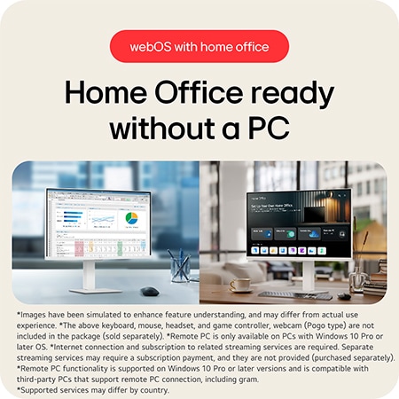 The LG Smart Monitor 27U730SA-W in a white finish, featuring webOS Home Office, offers PC-less productivity with access to Remote PC and cloud services.