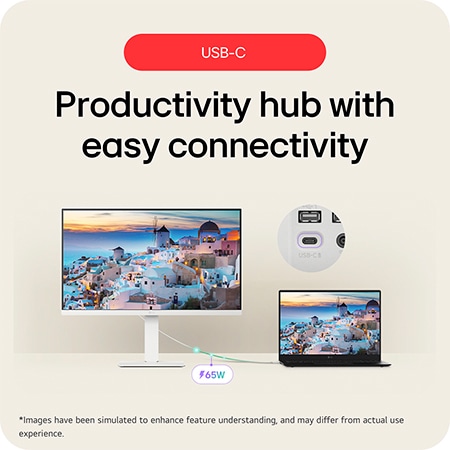 The LG Smart Monitor 27U730SA-W in a white finish, featuring USB-C with 65W Power Delivery, acts as a productivity hub, charging a laptop and transferring data via a single cable.