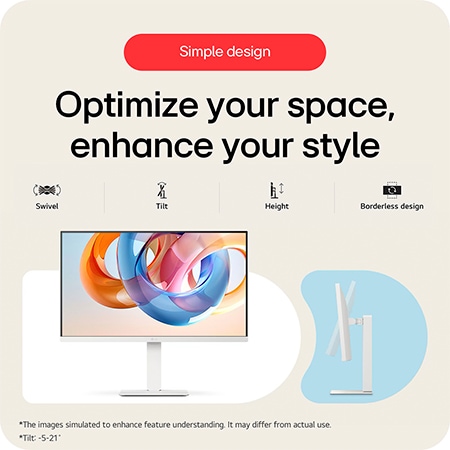 CA The LG Smart Monitor 27U730SA-W in a white finish, featuring an ergonomic stand, offers 90∘ Pivot, 150 mm Height, ±20∘ Swivel, and ±21∘ Tilt for ideal viewing. 