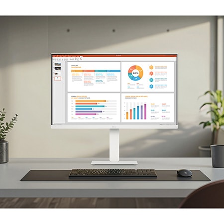 The LG Smart Monitor 27U730SA-W in a white finish, featuring 4K UHD resolution, clearly displays a data dashboard in a minimalist home office setting to boost productivity.