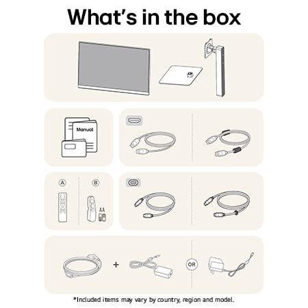  The LG Monitor 27U730SA-W in a white finish showing an overview of all included components, including the monitor body, stand parts, manual, two remote controls, USB-C, and HDMI cables.