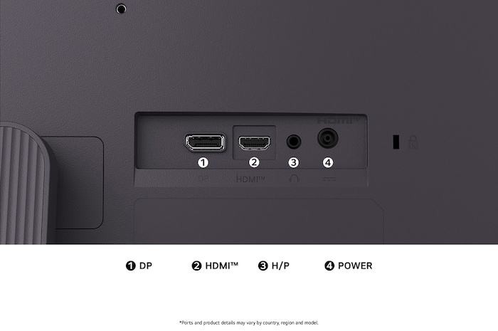 Rear view of the LG UltraGear™ Monitor 27G411A in Black, illustrating the connection slots, including DisplayPort, HDMI™ port, and Headphone Out (H/P).