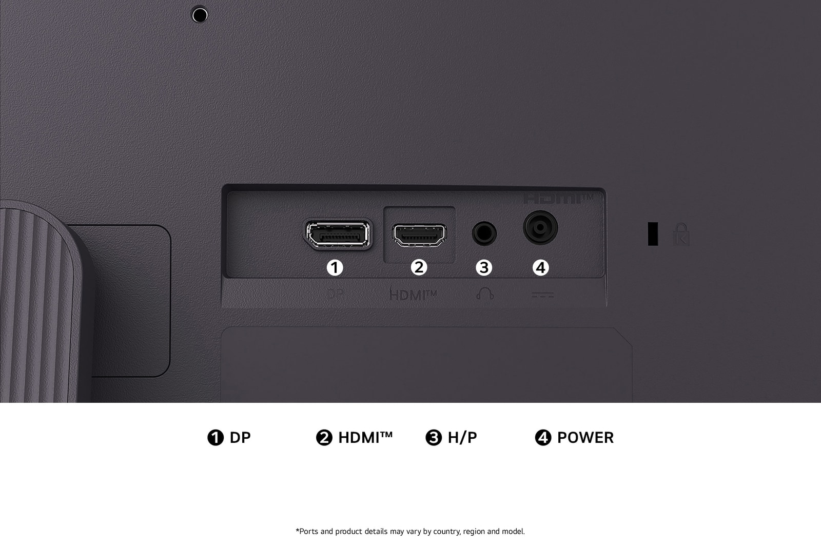 Rear view of the LG UltraGear™ Monitor 27G411A in Black, illustrating the connection slots, including DisplayPort, HDMI™ port, and Headphone Out (H/P).
