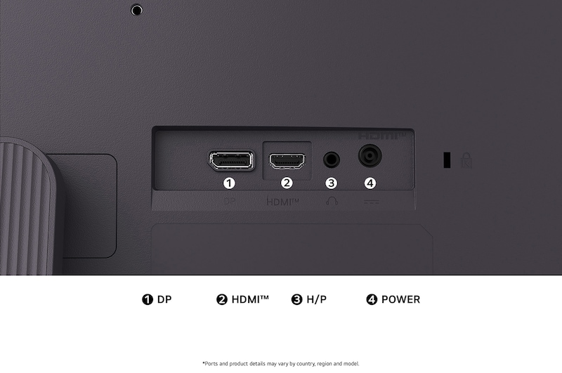 Rear view of the LG UltraGear™ Monitor 27G411A in Black, illustrating the connection slots, including DisplayPort, HDMI™ port, and Headphone Out (H/P).