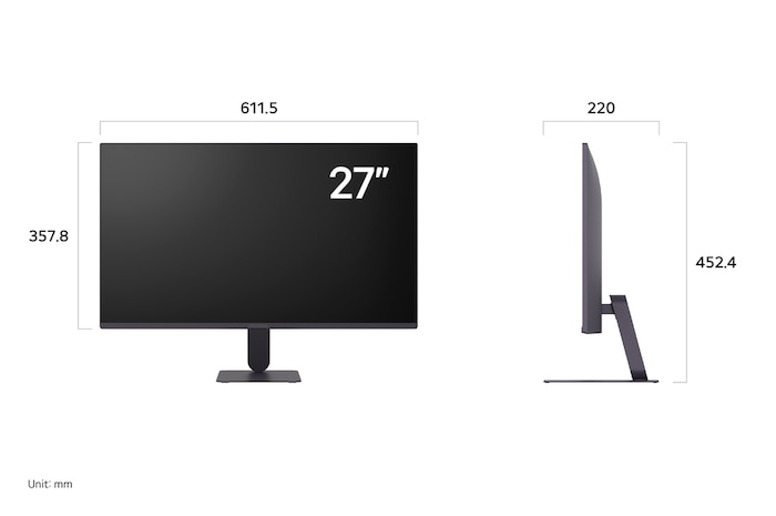 LG UltraGear™ Monitor 27G411A displaying product dimensions in front and side profile, measuring 611.5 mm width, 357.8 mm display height, 452.4 mm total height, and 220 mm depth.