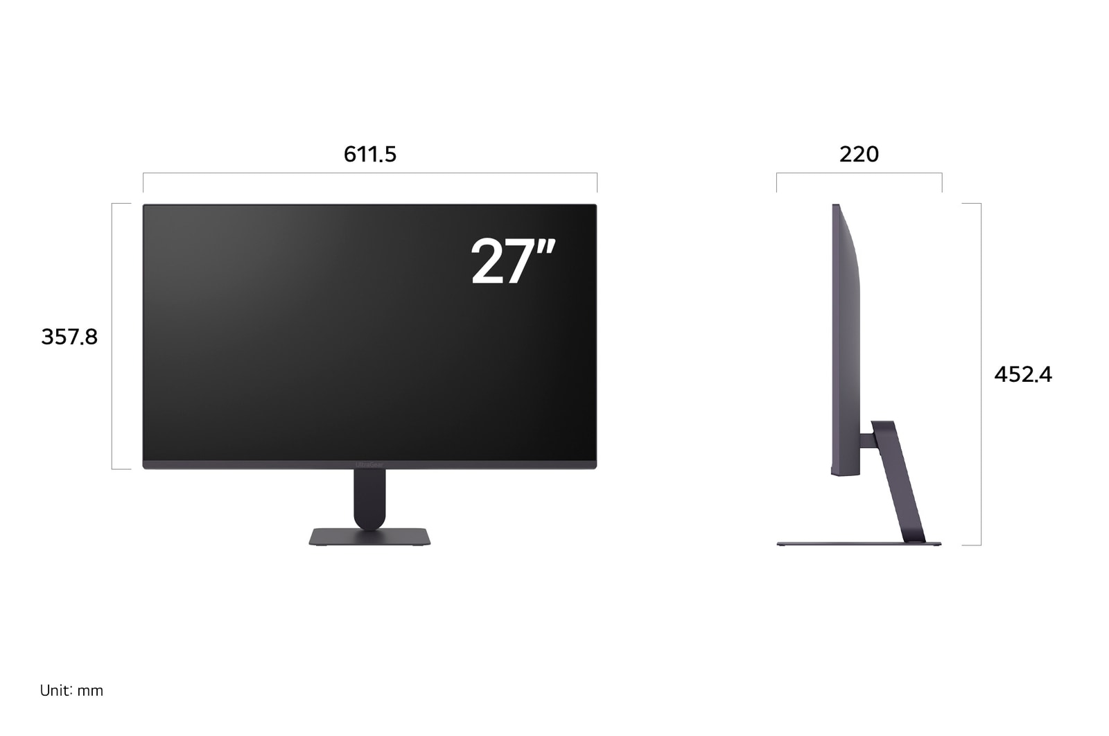 LG UltraGear™ Monitor 27G411A displaying product dimensions in front and side profile, measuring 611.5 mm width, 357.8 mm display height, 452.4 mm total height, and 220 mm depth.
