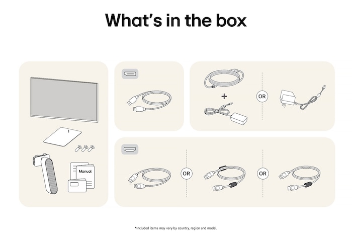 All components included with the LG UltraGear™ Monitor 27G411A: Monitor, stand parts, manual, joystick controller, and various connectivity cables.