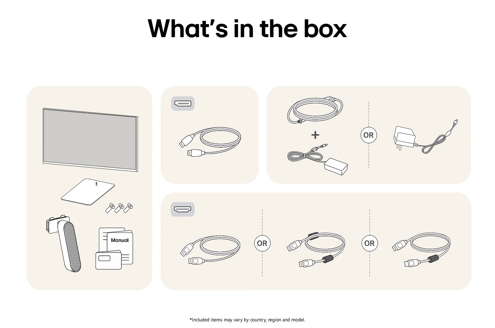 All components included with the LG UltraGear™ Monitor 27G411A: Monitor, stand parts, manual, joystick controller, and various connectivity cables.