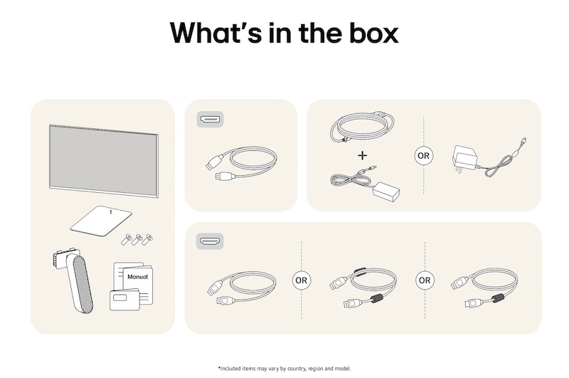 All components included with the LG UltraGear™ Monitor 27G411A: Monitor, stand parts, manual, joystick controller, and various connectivity cables.