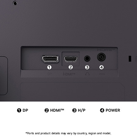 Rear view of the LG UltraGear™ Monitor 27G411A in Black, illustrating the connection slots, including DisplayPort, HDMI™ port, and Headphone Out (H/P).