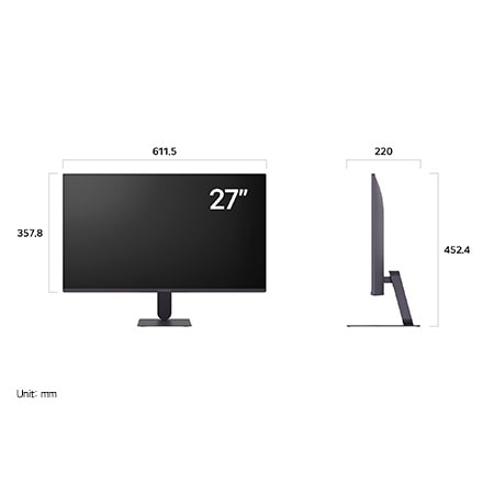 LG UltraGear™ Monitor 27G411A displaying product dimensions in front and side profile, measuring 611.5 mm width, 357.8 mm display height, 452.4 mm total height, and 220 mm depth.