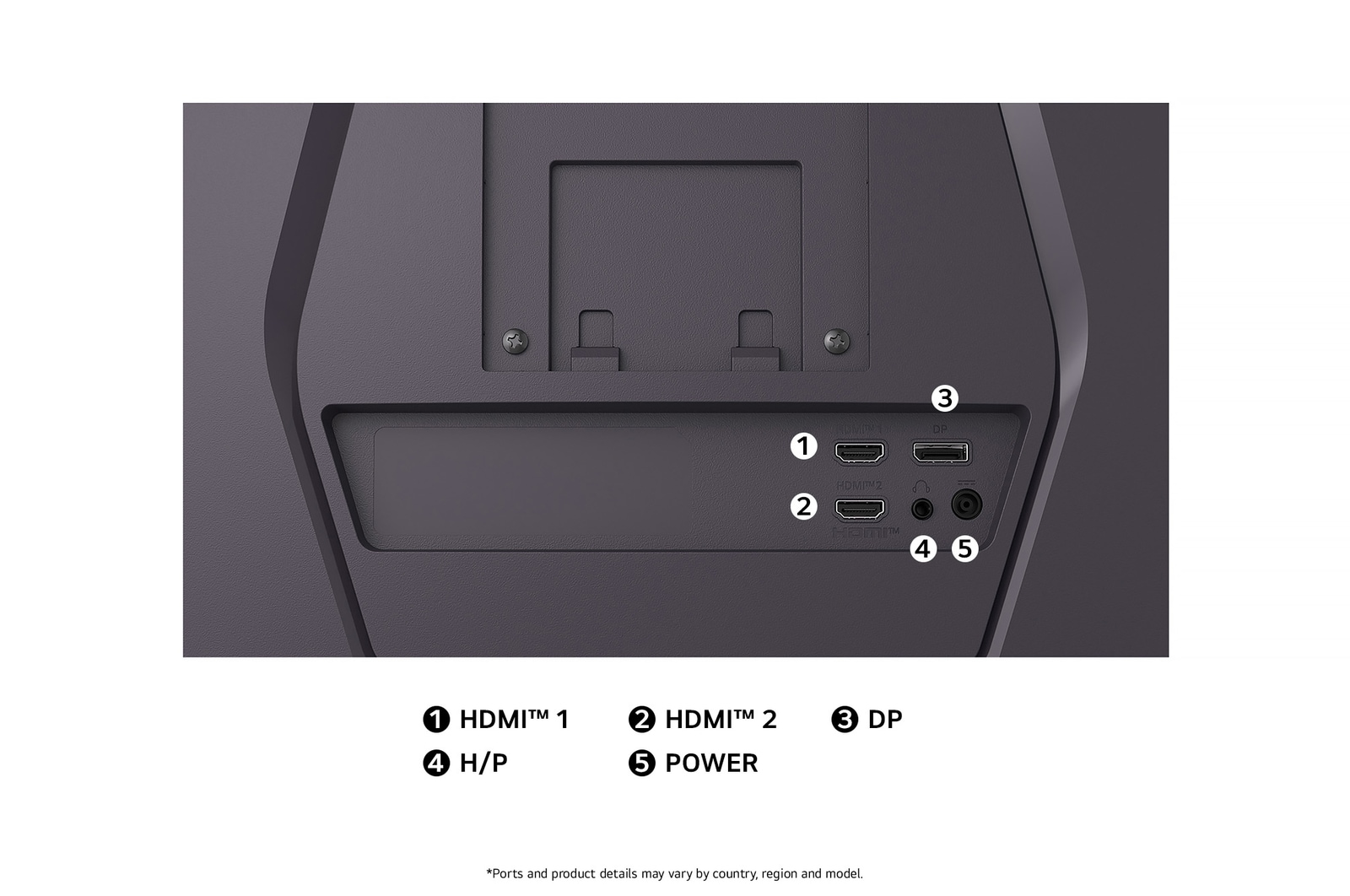 Rear view of the LG UltraGear™ Monitor 27G610A, illustrating the rear port area and the HDMI™ 2.0 and DisplayPort 1.4 connections.