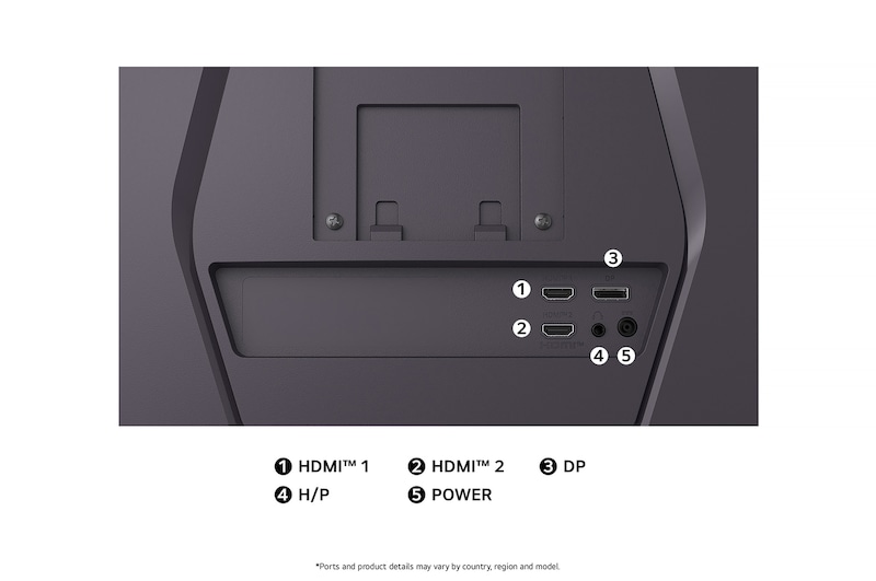 Rear view of the LG UltraGear™ Monitor 27G610A, illustrating the rear port area and the HDMI™ 2.0 and DisplayPort 1.4 connections.