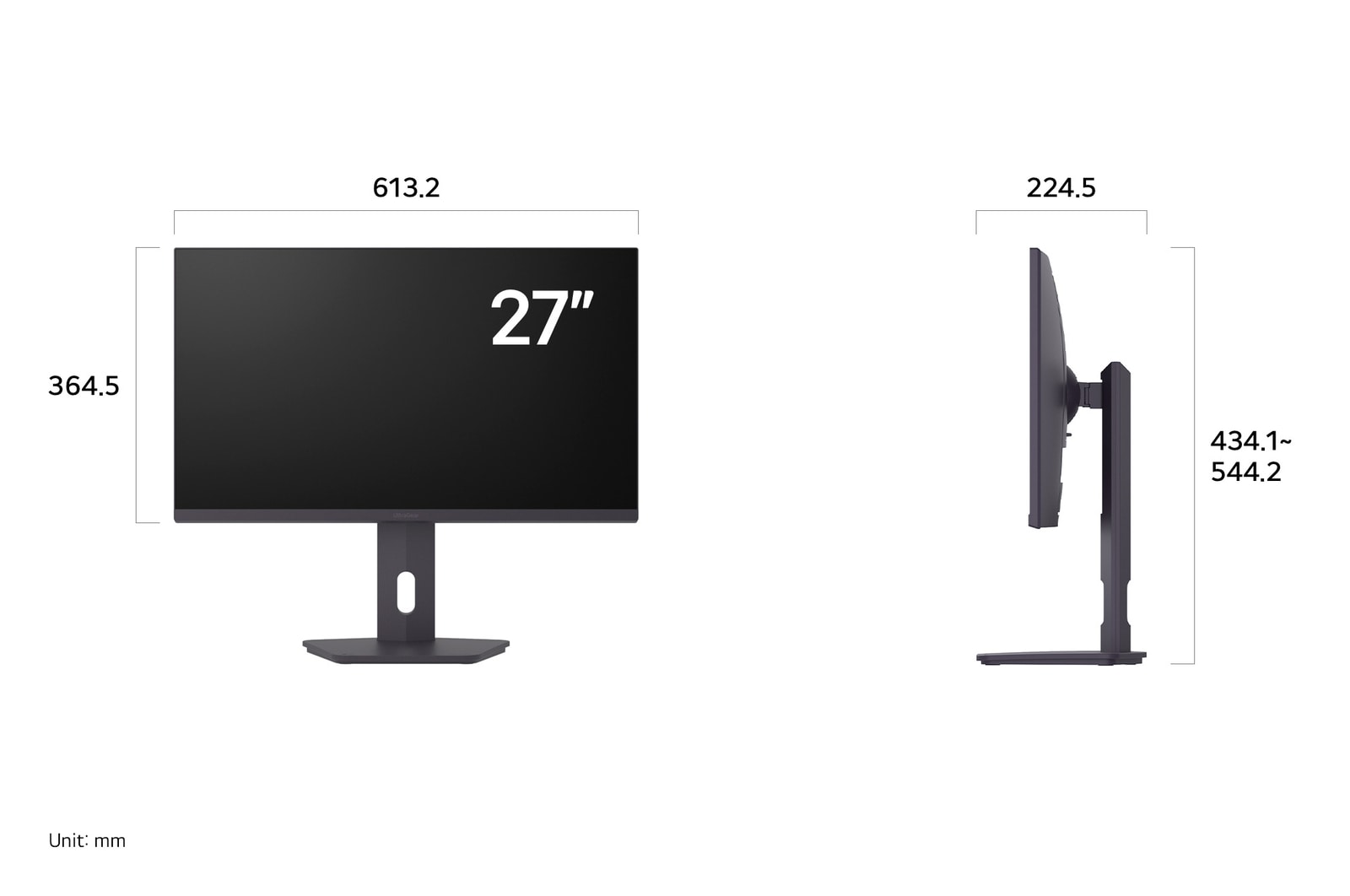 LG UltraGear™ Monitor 27G610A displaying product dimensions in front and side profile, measuring 613.2 mm width, 364.5 mm display height, 434.1–544.2 mm total height, and 224.5 mm depth.