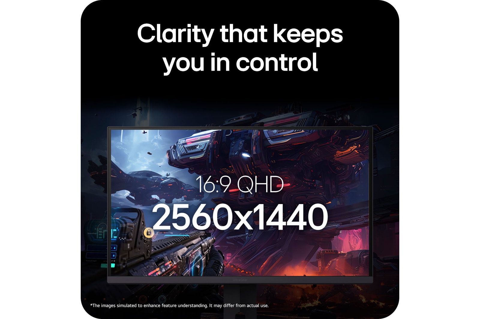 LG UltraGear™ Monitor 27G610A in a gaming environment, emphasizing the 16:9 QHD resolution and 2560x1440 screen clarity that keeps you in control.