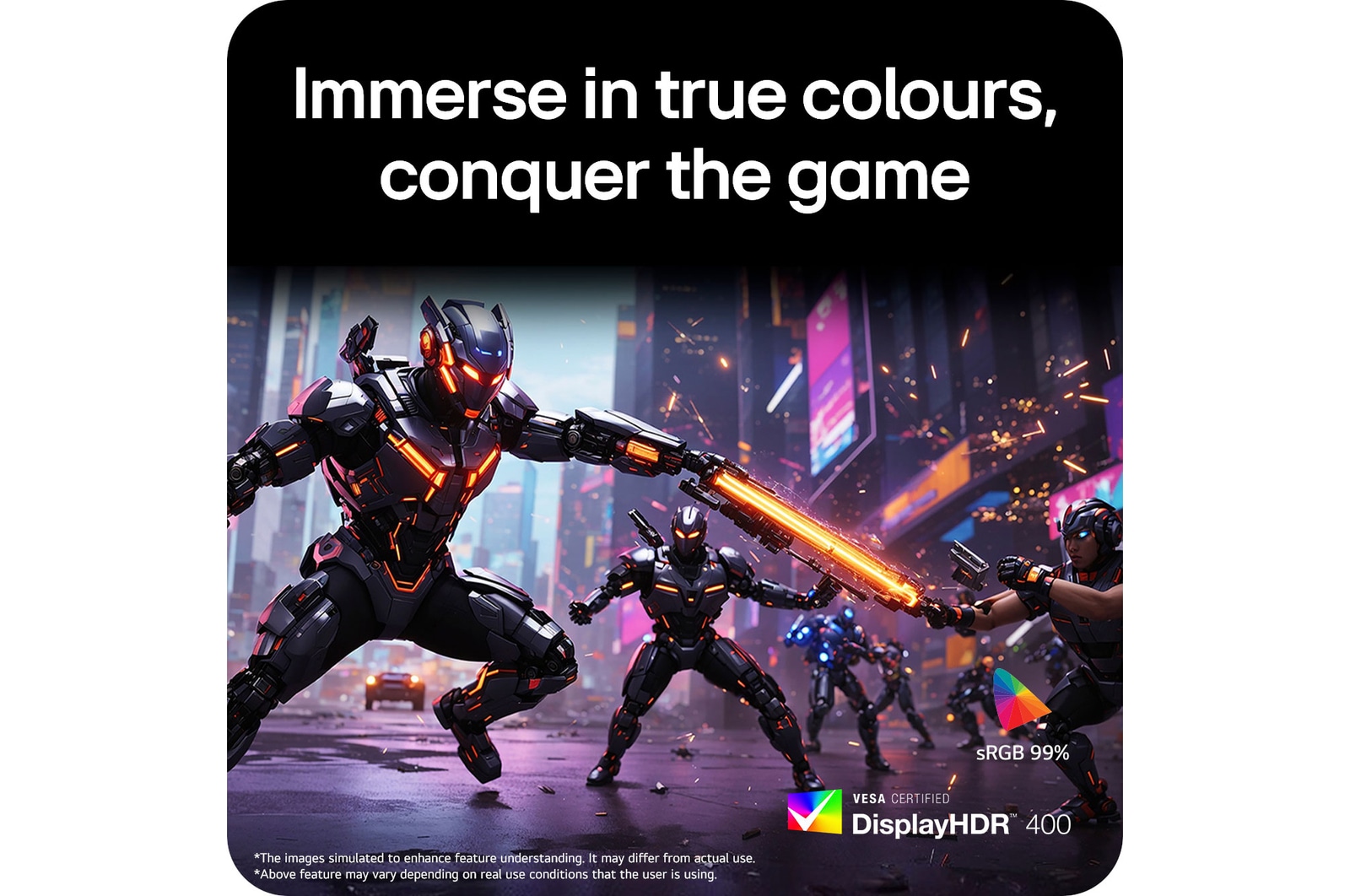 LG UltraGear™ Monitor 27G610A displaying vibrant colours in a combat simulation, highlighting sRGB 99% colour gamut and VESA DisplayHDR™ 400 support.