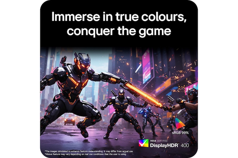 LG UltraGear™ Monitor 27G610A displaying vibrant colours in a combat simulation, highlighting sRGB 99% colour gamut and VESA DisplayHDR™ 400 support.