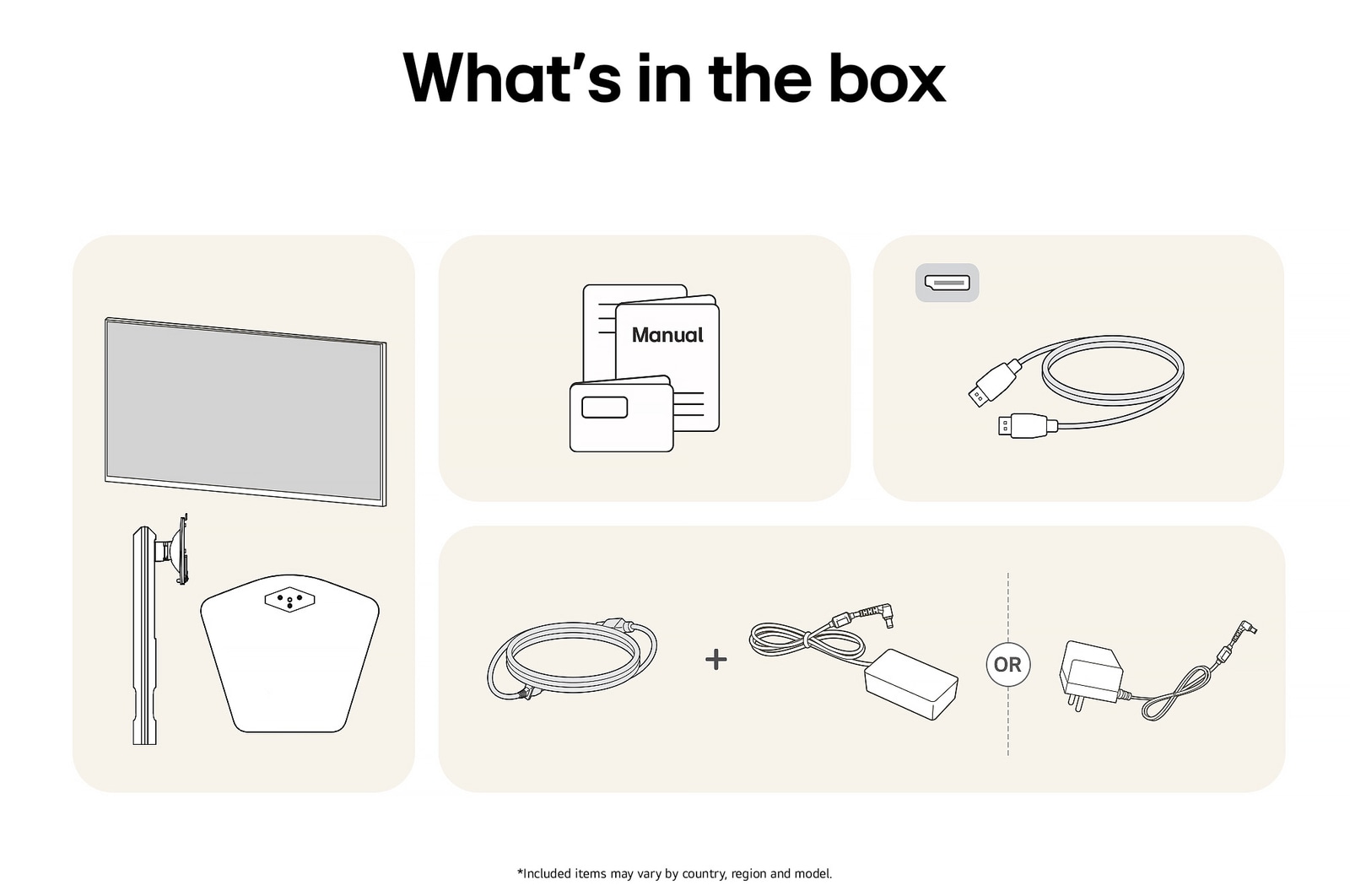Items included with the LG UltraGear™ Monitor 27G610A package: Monitor panel, stand base and support, manual, DisplayPort cable, and power adapter with cord.
