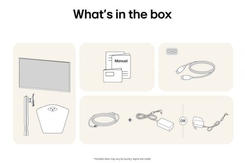 Items included with the LG UltraGear™ Monitor 27G610A package: Monitor panel, stand base and support, manual, DisplayPort cable, and power adapter with cord.