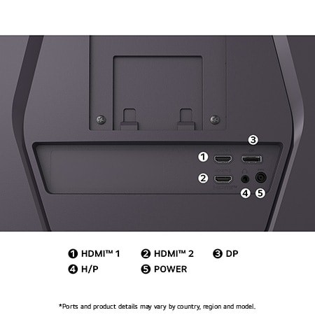 Rear view of the LG UltraGear™ Monitor 27G610A, illustrating the rear port area and the HDMI™ 2.0 and DisplayPort 1.4 connections.