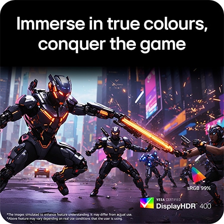 LG UltraGear™ Monitor 27G610A displaying vibrant colours in a combat simulation, highlighting sRGB 99% colour gamut and VESA DisplayHDR™ 400 support.
