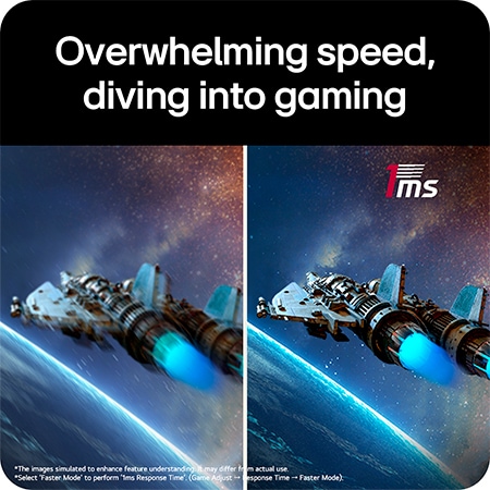 LG UltraGear™ Monitor 27G610A displaying a side-by-side comparison of the 1ms response time effect in a fast flight scene, eliminating motion blur in gaming.