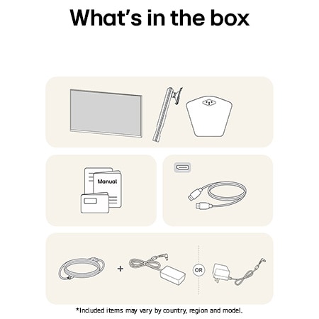 Items included with the LG UltraGear™ Monitor 27G610A package: Monitor panel, stand base and support, manual, DisplayPort cable, and power adapter with cord.