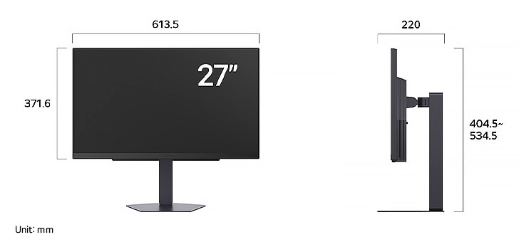 LG UltraGear™ Monitor 27G810A displaying product dimensions in front and side profile, measuring 613.5 mm width, 371.6 mm display height, 404.5–543.5 mm total height, and 220 mm depth.