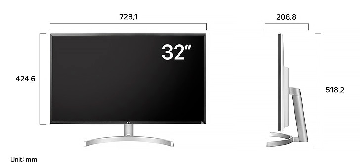 LG Monitor 32UL500 displaying product dimensions in front and side profile, measuring 728.1 mm width, 424.6 mm display height, 518.2 mm total height, and 208.8 mm depth.