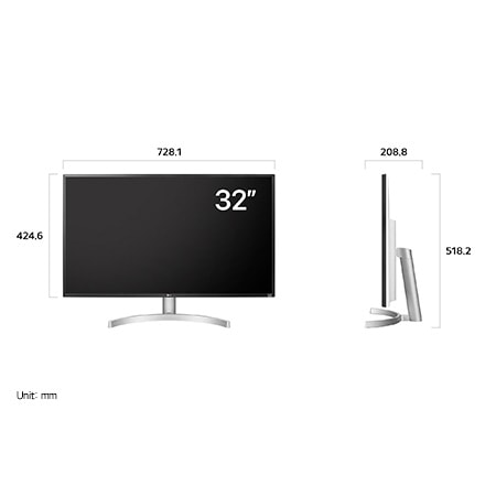 LG UltraFine™ Monitor 32UL500 displaying product dimensions in front and side profile, measuring 728.1 mm width, 424.6 mm display height, 518.2 mm total height, and 208.8 mm depth.