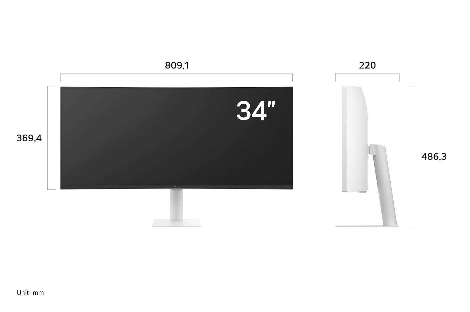 LG Smart Monitor 34U601SA displaying product dimensions in front and side profile, measuring 809.1 mm width, 369.4 mm display height, 486.3 mm total height, and 220 mm depth.
