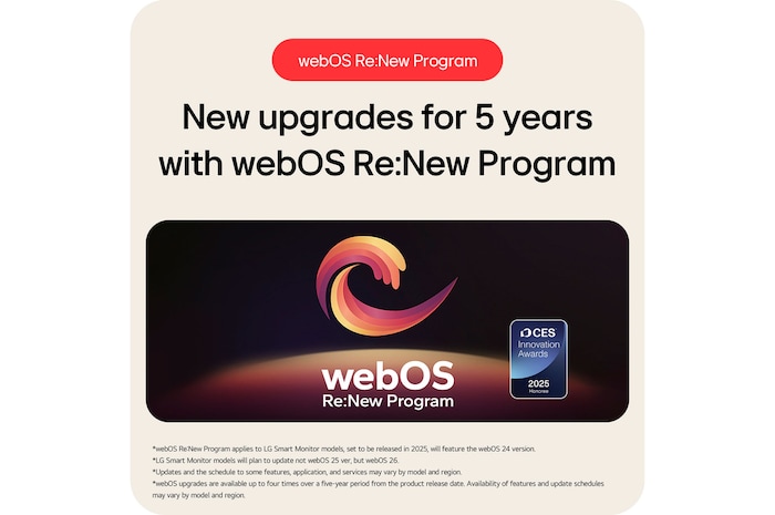 The LG Smart Monitor 34U601SA supports the webOS Re:New Program, offering new upgrades for 5 years and including the CES Innovation Awards honoree badge.