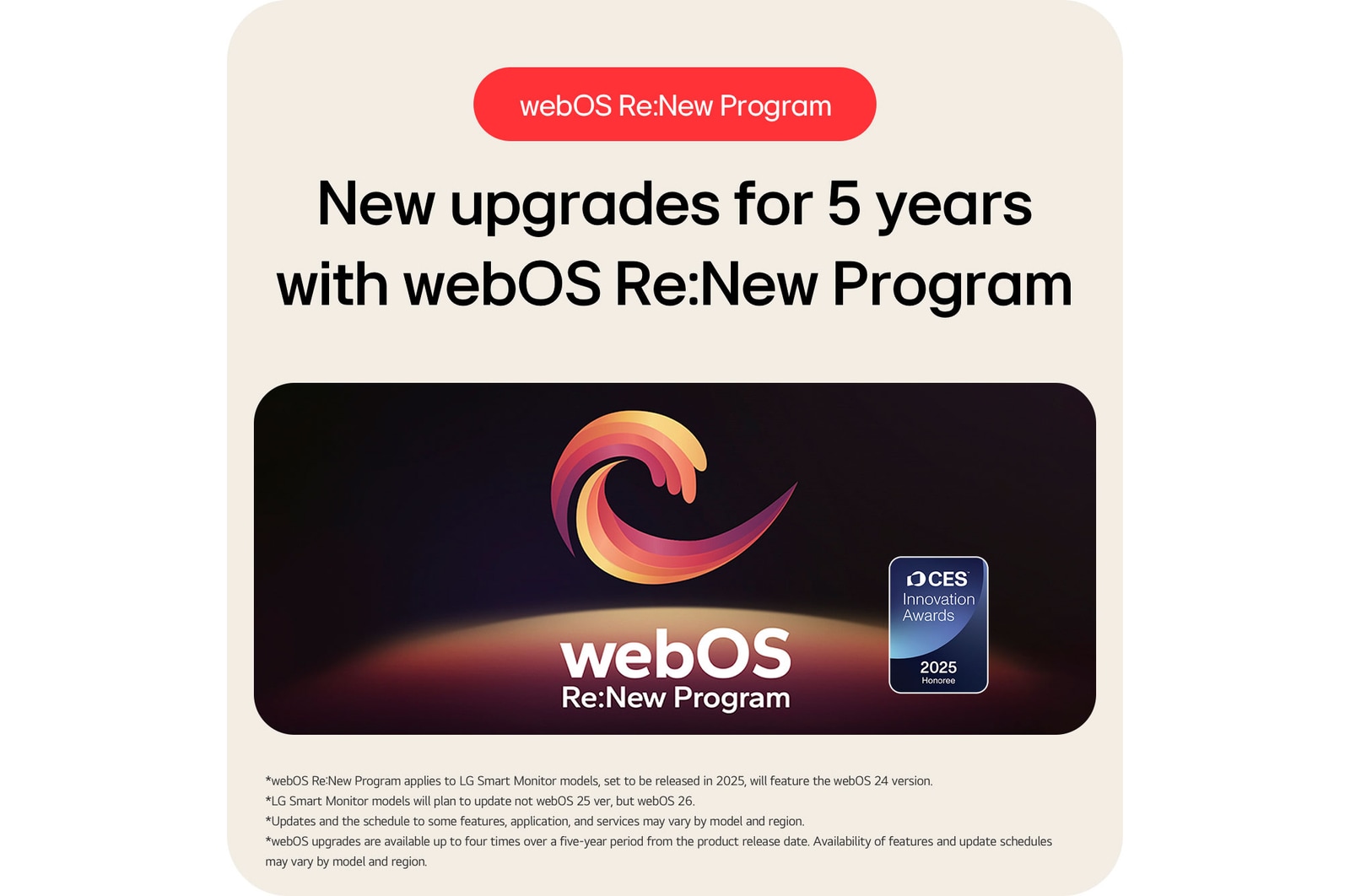 The LG Smart Monitor 34U601SA supports the webOS Re:New Program, offering new upgrades for 5 years and including the CES Innovation Awards honoree badge.