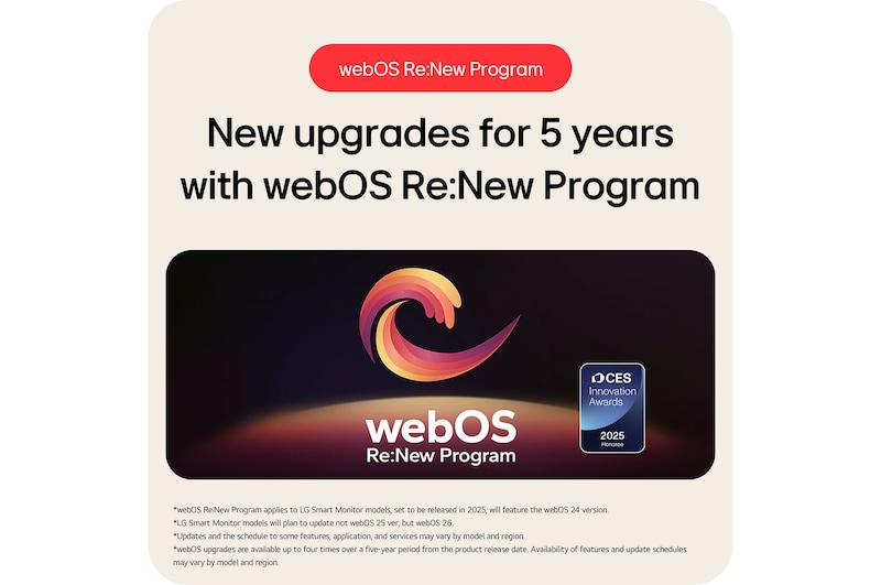 The LG Smart Monitor 34U601SA supports the webOS Re:New Program, offering new upgrades for 5 years and including the CES Innovation Awards honoree badge.