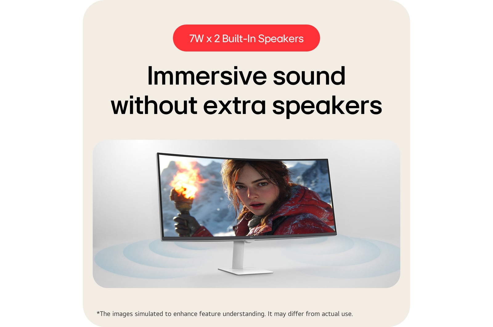 The LG Smart Monitor 34U601SA delivers immersive sound without extra speakers, thanks to its 7W x 2 built-in speakers.