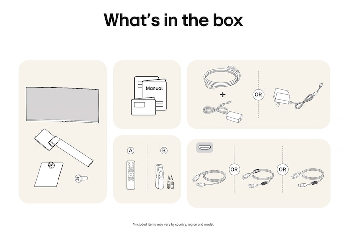 All components included with the LG Smart Monitor 34U601SA: Monitor, stand parts, Magic Remote controls, manual, and various connectivity cables.