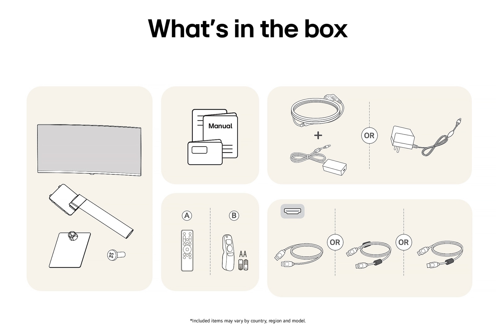 All components included with the LG Smart Monitor 34U601SA: Monitor, stand parts, Magic Remote controls, manual, and various connectivity cables.