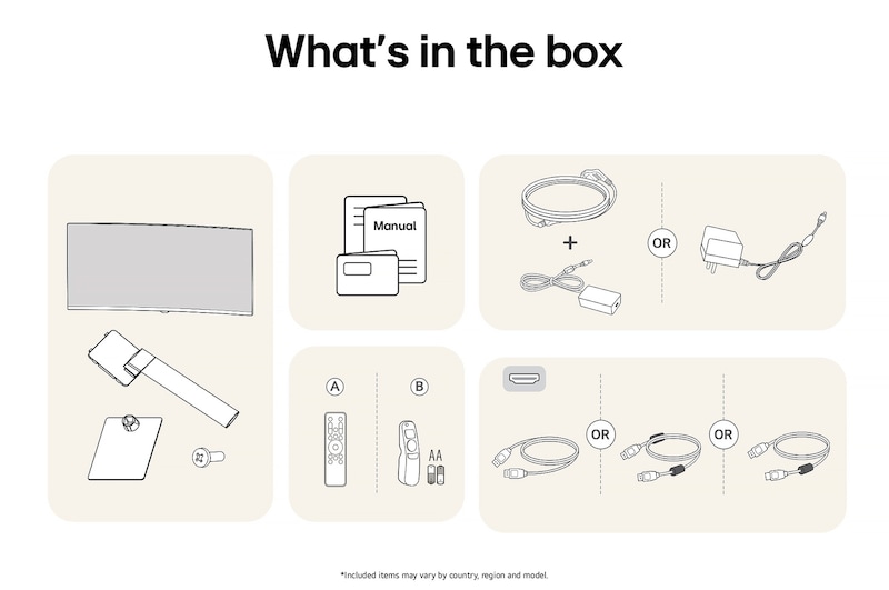 All components included with the LG Smart Monitor 34U601SA: Monitor, stand parts, Magic Remote controls, manual, and various connectivity cables.