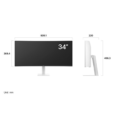 LG Smart Monitor 34U601SA displaying product dimensions in front and side profile, measuring 809.1 mm width, 369.4 mm display height, 486.3 mm total height, and 220 mm depth.