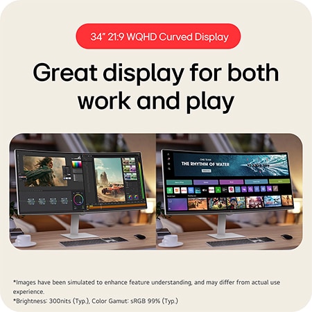 The LG Smart Monitor 34U601SA features a 34-inch 21:9 WQHD Curved Display, making it ideal for both productivity and immersive entertainment.