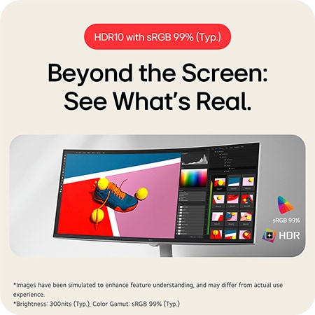 The LG Smart Monitor 34U601SA supports HDR10 and delivers amazing colours and enhanced image quality with sRGB 99% (Typ.).