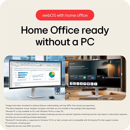 The LG Smart Monitor 34U601SA enables a home office setup without a PC, utilizing webOS support for remote PC access and various productivity apps.