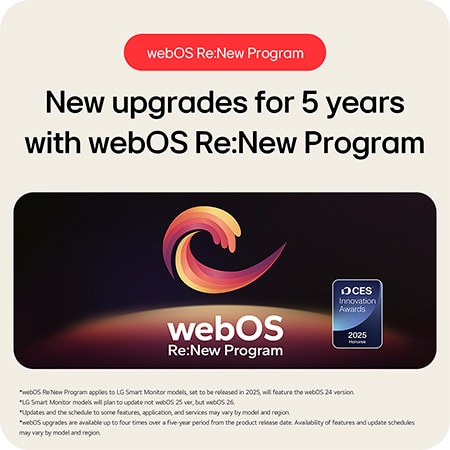 The LG Smart Monitor 34U601SA supports the webOS Re:New Program, offering new upgrades for 5 years and including the CES Innovation Awards honoree badge.