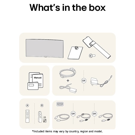 All components included with the LG Smart Monitor 34U601SA: Monitor, stand parts, Magic Remote controls, manual, and various connectivity cables.