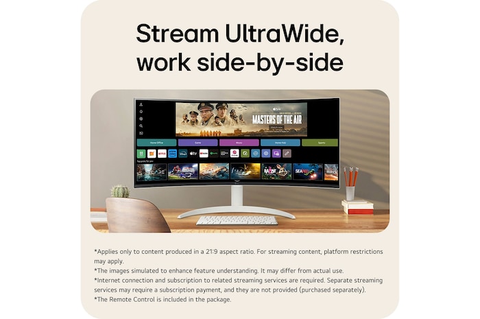 The LG Smart Monitor 34SR63QA with an UltraWide 21:9 screen, ideal for immersive streaming and efficient side-by-side multitasking.