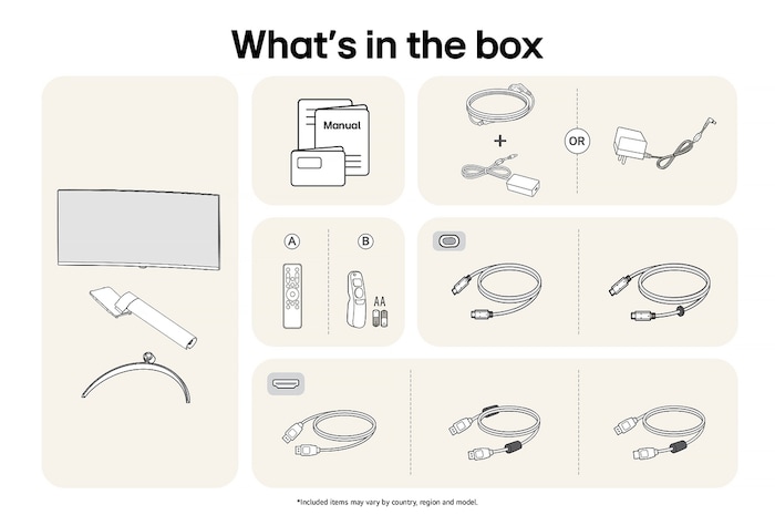 All components included with the LG Smart Monitor 34SR63QA: Monitor, stand parts, Magic Remote controls, manual, and various connectivity cables.