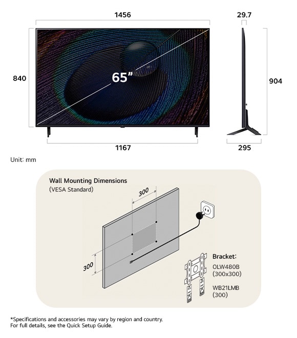 Dimension view of LG UHD AI 4K UR90 65-inch, 1456×904×295 mm, panel 29.7 mm, VESA 300x300.