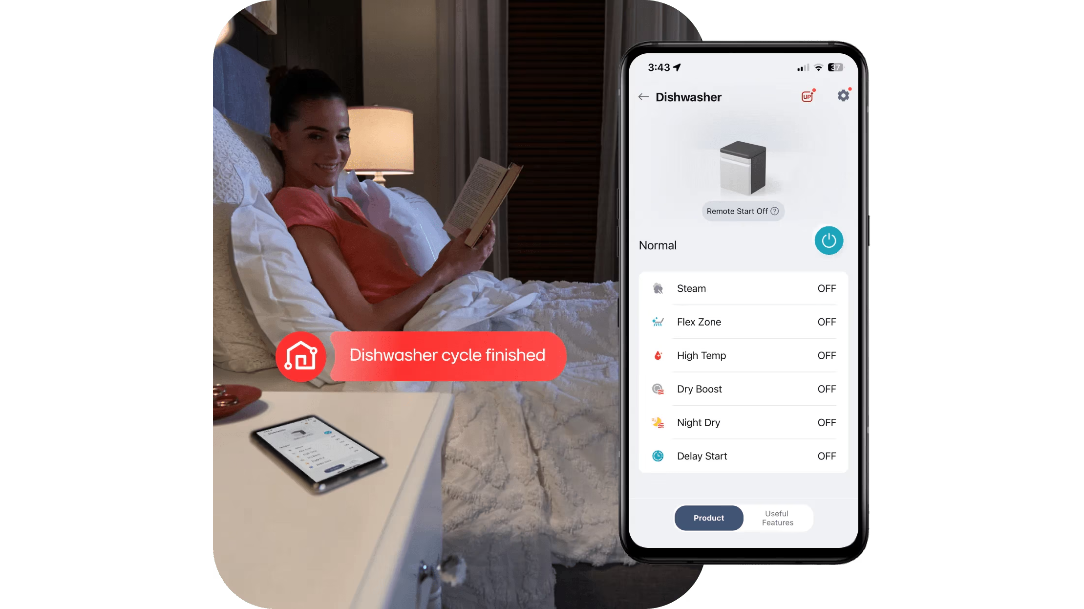 Person relaxing in bed while monitoring an LG dishwasher through the LG ThinQ app on a smartphone, with a notification indicating the dishwasher cycle has finished.