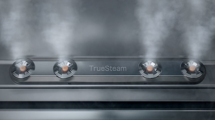 Close-up of LG TrueSteam dishwasher technology, showing four steam nozzles releasing powerful steam inside the stainless steel dishwasher tub.