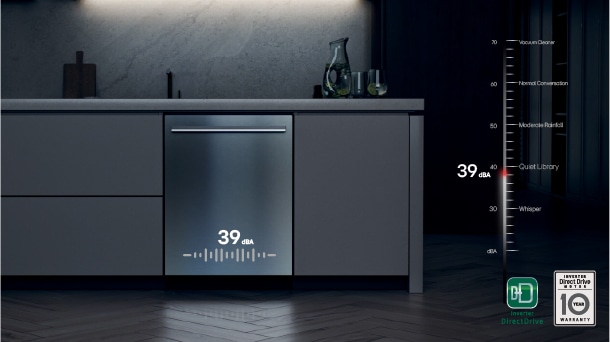 LG dishwasher with Inverter DirectDrive motor for energy efficient performance and quiet operation in a modern kitchen